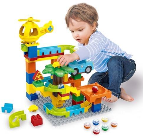 Murmelbahn Bausteine Set, 70-teilig Kinder STEM Kugelbahn Spielzeug Bahnelemente Set für 3 4 5 6 Jahre Jungen Mädchen mit Flugzeugen Polizei Autos Blöcke, Geschenk für Kinder 3+ Jahren