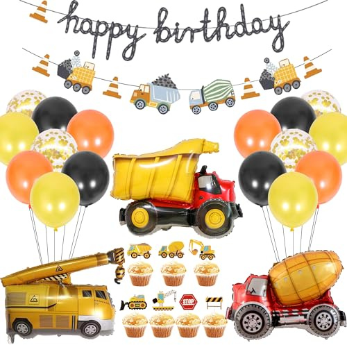 Bagger Geburtstag Deko Party Luftballons - 21 Stück Happy Birthday Banner Kran Betonmischer Folienballons Tortendeko Für Dekoration Zum Geburtstag Baustelle Geburtstags Party Dekor