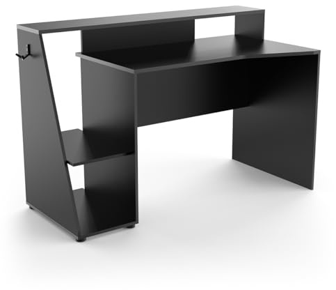 Petit Bureau Gaming avec Rangement – Idéal Set Up & Pc Gamer – Coloris Noir Mat & Finitions Grises Foncées - 138 x 94 x 67 cm