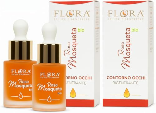FLORA Olio Contorno Occhi Rosa Mosqueta pack da 2 Pz da 15 ml BIO Rigenerante e Elasticizzante con Estratti di Centella Ippocastano Rusco e Oli Essenziali di Geranio Neroli & Camomilla Blu