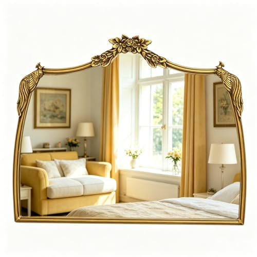Awhtixbo barockspegel i antik guld med välvd design – vintage rund guldram väggspegel för hall, vardagsrum och badrum, storlek: 48 x 61 cm
