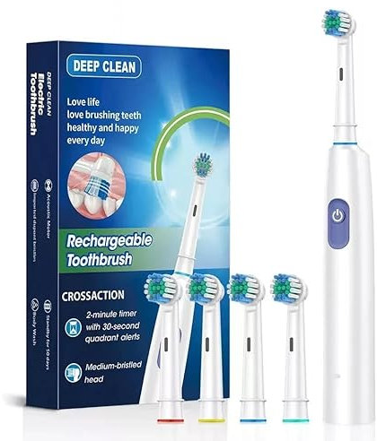 Electric Toothbrush Rotary Rechargeable for Adults Rotating Toothbrush with Soft Brush Heads Deep Clean Electric Toothbrush with 2 Minute Smart Timer IP67 Waterproof (White, 4 Heads)