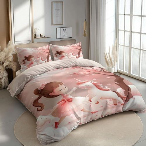 Bettwäsche 100 x 135 cm Kleines Mädchen und Einhorn Wendebettwäsche Set 2 Teilig Superweiches Gewaschene Microfaser Deckenbezug Hellrosa Bettbezug mit Reißverschluss und 1 Kopfkissenbezug 40 x 60 cm