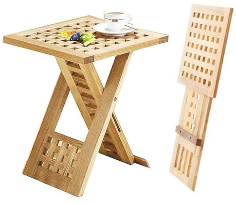 Small Folding Table Wooden Side Table for Outdoor Garden Patio, Foldable Square Coffee Table, Solid Elm Wood Folding End Table for Balcony, Kitchen, Camping, Picnic, Indoor & Outside Use, 33 x 33 cm