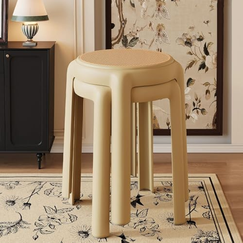 Generisch Rattan Stapelhocker Runde Barhocker 2er Set, Stapelbar Esszimmerstühle Sitzhocker Rückenfreie Bis 150 Kg Belastbar, 4 Colors(Khaki)