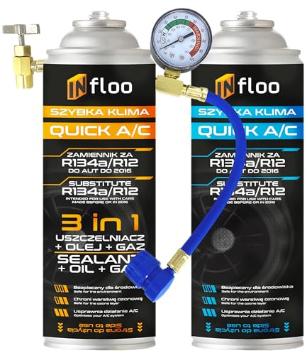 INfloo Quick A/C R134a 3en1 Gas Aceite Sellador + Gas R134a + Manguera con Manómetro + Guantes | Recarga de Aire Acondicionado para Automóviles 1994-2016