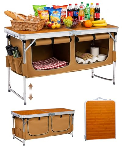 Outvita Folding Table, 4FT Aluminum Camping Table with Large Storage Space and Adjustable Height Picnic Table Lightweight for Carring Outdoor Party Events Beach