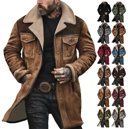 Herrjacka smart vardaglig vintage fuskmocka trenchcoat lång plysch vinter varma rockar utomhus fleecefodrad jacka med fickor, A01-svart, L
