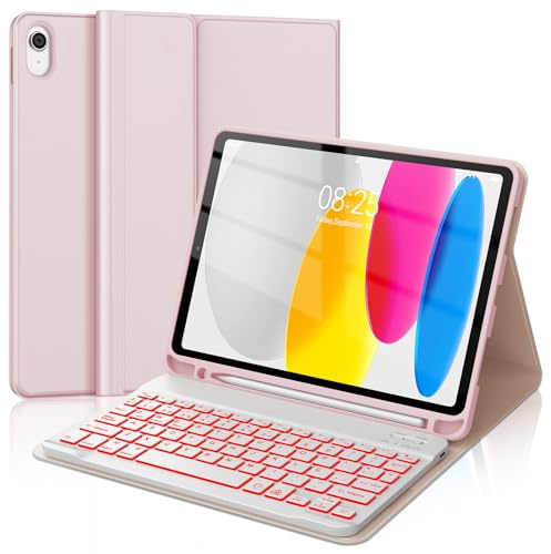 WAVATA Funda con Teclado para iPad 10 Generación 2022/11 Generación A16 2025, QWERTY Español Ñ- Retroiluminado Bluetooth Desmontable Teclado para iPad 11 Gen A16 2025, Rosa