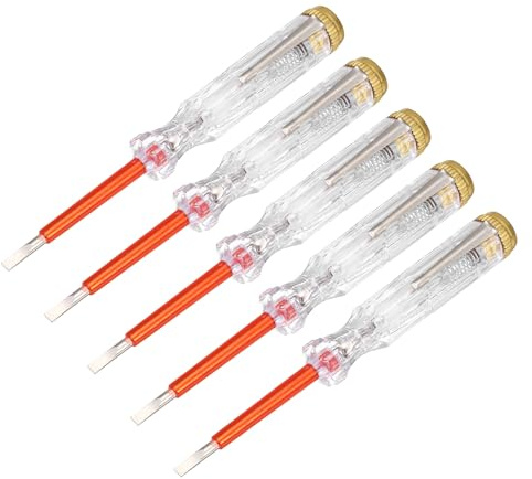 sourcing map 5 Pcs Voltage Tester Pen, 3.4mm Flat Head Electrical Test Screwdriver, AC 100-500V Circuit Detector with Neon Light Indicator for Industrial and Home Circuit Testing,Clear, Gold