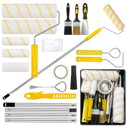 BOYIFEIJIE Set da pittore da 18 pezzi con asta telescopica, set professionale con rulli da 23 cm e 10 cm, vaschetta per vernice, pennelli e accessori, per pareti, soffitti e ristrutturazione