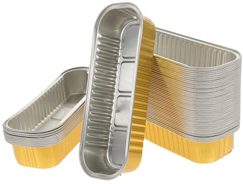NUOBESTY Lot de 50 Barquettes en Aluminium Jetables Rectangulaires Dorées Résistantes Haute Température pour Cuisson Barbecue et Plats à Emporter Moules à Cupcakes et Mini Pains
