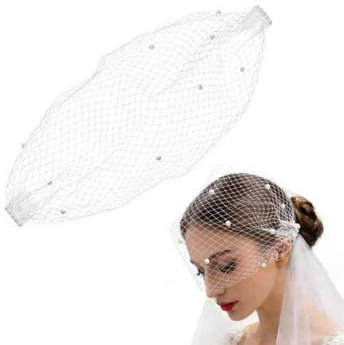 nbeads brud fågelbur slöja, 400 mm fascinator nät ansiktsslöja vitt nät med pärlor pannband slöja fascinator hatt med kam för damer teparty middag påsk brud bröllop