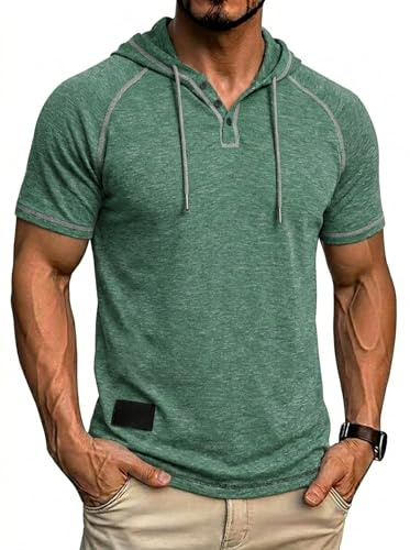 Aulemen Henley T-shirt à manches courtes à capuche pour homme et boutonnière T-shirt de sport pour homme pour fitness et loisirs Taille M à 3XL