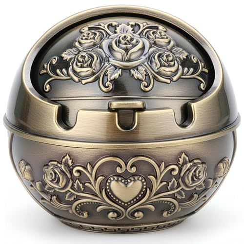 Outdoor Ashtray, Bronze Metal Ashtray With Lid - Vintage Decorative For Outside, Balcony & Living Room, Indoor Outdoor, Boxed