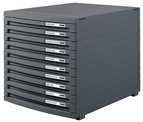 HAN Schubladenbox CONTUR mit 10 flachen offenen Schubladen bis Format B4, inkl. Auszugsperre, inkl. Beschriftungsschildern, Gummifüße, modular erweiterbares Schubladensystem, 1510-191, dunkelgrau