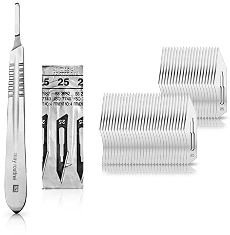 May Skalpell Set - 50 Sterile Skalpellklingen Figur 25 aus Karbonstahl, einzeln verpackt - Inkl. Edelstahl Skalpellhalter Nr. 4 - Präzisions Einwegklingen für Basteln, Modellbau & Fußpflege | Großes Schneidinstrument für DIY und Kosmetik. Bewahrt langanhaltend seine Schärfe.