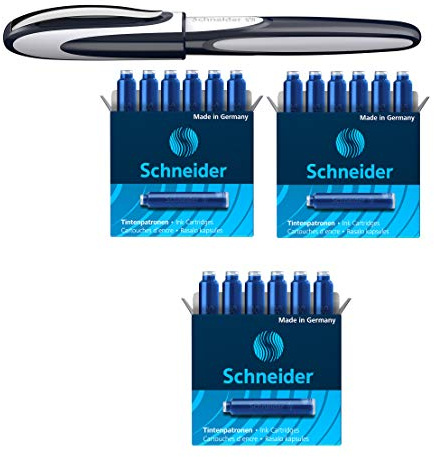 Schneider Patronenroller Ray (Tintenroller mit Edelstahlspitze, inkl. 1 + 18 Tintenpatronen blau, Made in Germany) (blau/grau) Tintenroller + 18 Patronen extra