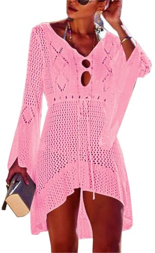 Jinsha Mujer-Vestidos Verano-Ropa Punto-para Pareos-Playeros - Baño Bikini Cover Up Sexy V Cuello Fiesta Crochet Ganchillo Tejido Kaftan Camisola de la Playa Suelto Suave Cómodo Elegantes Mujer(Rosa