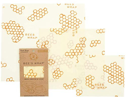 Bee's Wrap Assorted 3 Pack, Eco Friendly Reusable Beeswax Food Wraps, Sustainable, Zero Waste, Plastic Free Alternative for Food Storage - 1 Small, 1 Medium, 1 Large