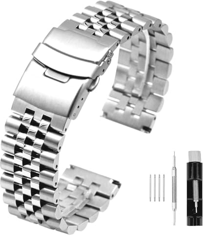 SINAIKE 20 mm Uhrenarmbänder Gebürstetes und poliertes 3D Uhrenarmband aus massivem Silber Edelstahl Jubilee Uhrenarmband mit doppelter Faltschließe