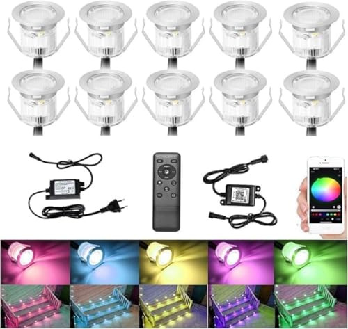 GEYUEYA Home 10er Set Bodenstrahler Außen RGB, WIFI Bodeneinbaustrahler Aussen, IP67 Wasserdicht, DC12V, Ø30mm, LED Bodenleuchten Außen, Terrassenbeleuchtung, Alexa Google Home