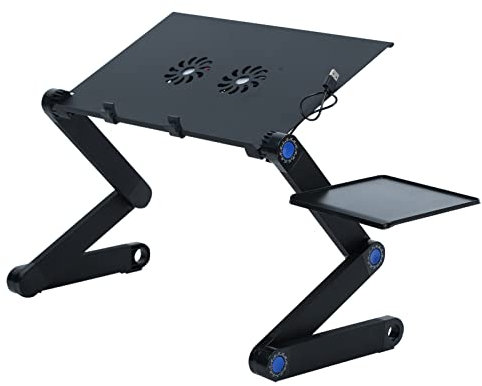 Portable Laptop Desk Pc Sofa Stand, Base Ajustable y Plegable, Soporte Portatil Aluminio Mesa Ordenador con 2 Ventiladores de Enfriamiento y Alfombrilla（Negro）