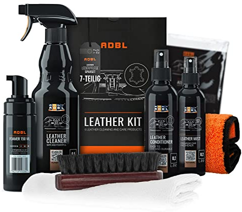Lederpflegeset Leather Kit: ADBL Leder Reinigung & Pflege Balsam + Lederbürste + Zubehör - Premium Auto Lederreiniger, Lederpflege Conditioner, Cleaner - Ideal für Autositze o. Sofas | 7-teilig