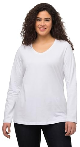 Ulla Popken T- Shirt Basique, Col en V, Slim, Manches Longues, Blanc Neige, 52-54 Femme