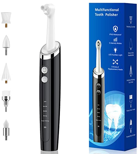 Pelzzle Tooth Polisher, Rechargeable Teeth Polisher for Daily Cleaning, Whitening and Polishing, Electric Dental Teeth Polishing with LED Light, 5 Brush Heads, 5 Speed Modes, Waterproof