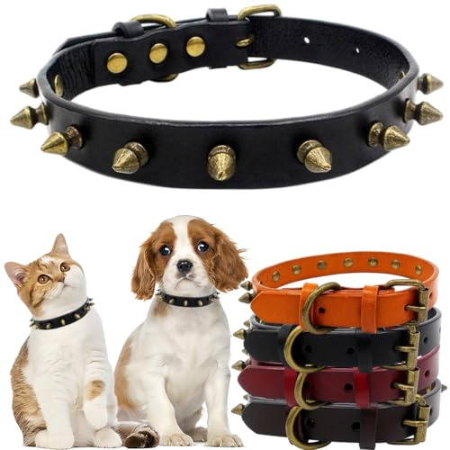 Hundehalsband mit Stacheln, Halsband, Leder, niedliches Halsband, Punk-Nieten, langlebig, mit Schnalle, verstellbar, für kleine, mittelgroße und große Hunde, Schwarz, Größe M