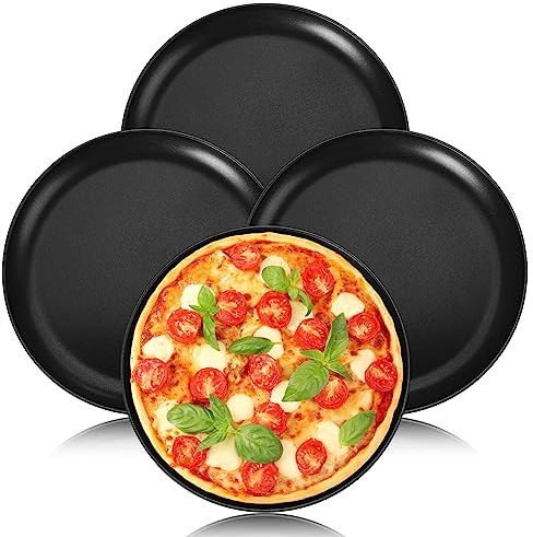 Onader Set di 4 teglie per pizza rotonde, 26 cm, per cottura e servire, teglia per pizza in acciaio inox con rivestimento antiaderente, atossica e sana, durevole e facile da pulire