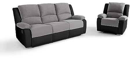 LOUNGITUDE - DETENTE - Canapé de Relaxation, Ensemble 3 +L1 Places - Manuel - en Simili/Microfibre - Gris/Noir