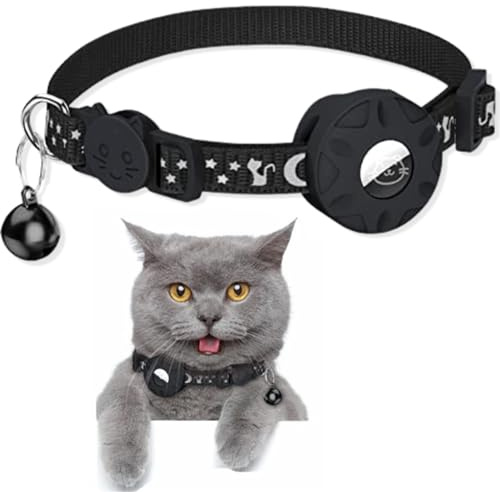 SUBORAWOS Airtag kattkrage, reflekterande AirTag-katthalsband med AirTag-hållare och klocka, lätt spårare katthalsband, katt AirTag-halsband med brytbart säkerhetsspänne (svart)
