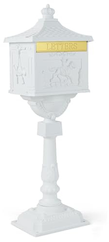 IRONMAX Mailbox for Outside, Locking Cast Aluminum Rural Security Postal Box with Keys, Heavy Duty Water-Resistant Mailbox with Post for Residential House, White