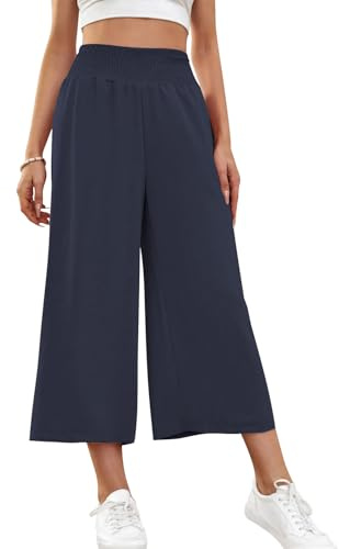 HMIYA Damen 3/4 Culotte Hose Leichte Weites Bein Sommerhose,Navy,L