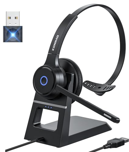 KONNAO Wireless Headset with AI Noise Cancelling Microphone, V5.3 Wireless Headphones with USB Dongle, Charging Station, Microphone Mute Switch, Wireless Headsets for Work