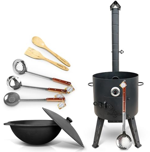 Utschak - Hornillo de fuego de acero con termómetro Uzbeko Kazan de 16 l (44 cm de diámetro, 2 mm de diámetro, base redonda, Kazan Учаг Uchag казан, hierro fundido, 6)