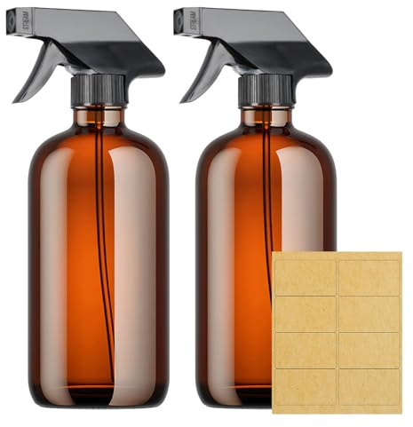 Granvoo 2 Stück Braunglas Sprühflasche 500ml, Leere Glassprühflaschen zum Befüllen, Sprühflasche Bernstein Glas, Braune Glas Sprühflaschen für Küche Reinigungsmittel Gartenarbeit