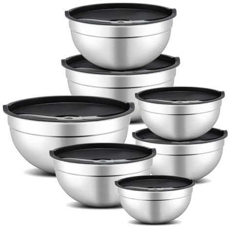 hunnycook set di insalatiera per la miscelazione da 7 pezzi, ciotola acciaio inox cucina con coperchio 5L, 4.5L, 4L, 2.4L, 1.7L, 1.25L, 0.8L, set ciotole cucina impilabili, lavabili in lavastoviglie