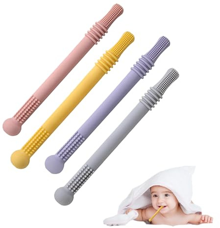 Zueyen Beißring Baby Kauspielzeug - 4 Stück Silikon Kausticks, Zahnungshilfe Mit 2 Bürsten (Rosa, Gelb, Lila, Grau)