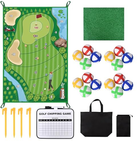 Golfset för inomhus och utomhus – Golfset med slagmatta, 16 självhäftande bollar, pinnar och poängbräda för hem, trädgård, kontor eller golfspelare