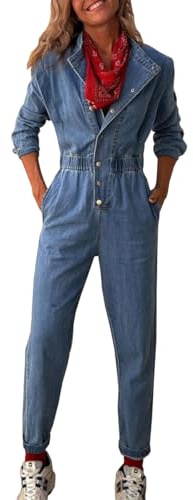 TACSTRUN Frauen Casual Langarm Denim Jumpsuit Hohe Taille Revers Stretch Gewaschene Slim Fit Jeans Strampler,Blau,M