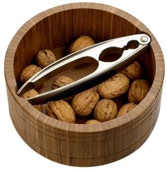 Kesper | Cuenco para nueces con cascanueces, material: bambú, acero inoxidable, tamaño: Ø 17 cm/altura: 7 cm, grosor: 11 mm, color: marrón, plata | 59822