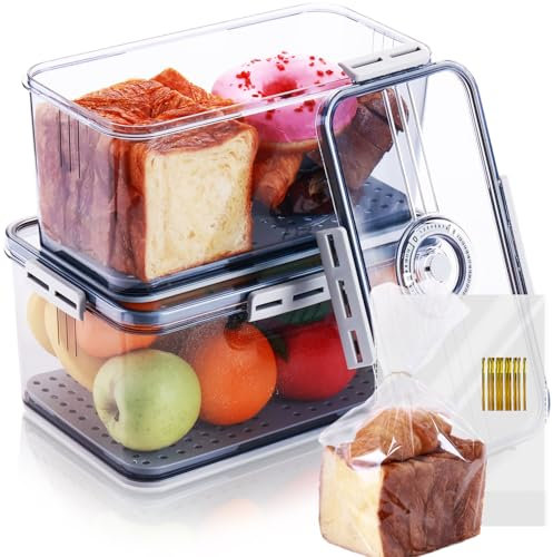 2 Pack Bread Box for Kitchen Countertop, Regular and Large Bread Container Storage Airtight Loaf, Clear Breadbox for Bread Storage, Refrigerator Lock Box for Fruit Storage Bread Holder with Bread Bags