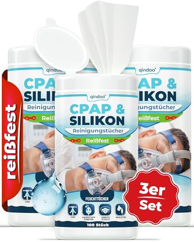 Reißfeste CPAP Reinigungstücher, 100x CPAP Wipes Qindoo in Spenderdose, Duftfrei ohne Alkohol, Tücher zum reinigen Silikon, CPAP Masken, Sauerstoffmasken, Nasenbrillen (3 Dosen)