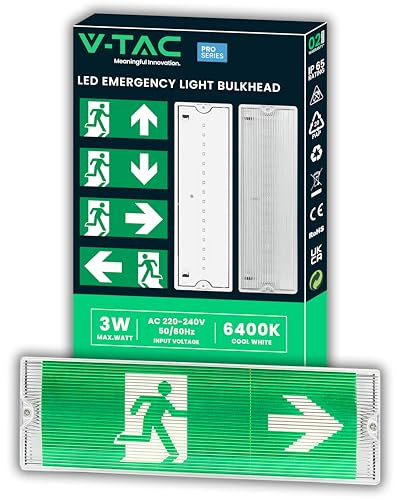 V-TAC Lampada LED Uscita di Emergenza 3W per Soffitto e Parete - Luce LED Uscita di Emergenza con Batteria - Autonomia 3 Ore - IP65 - Luce Via di Fuga - Exit - 4 Segnalazioni Incluse - 4000K