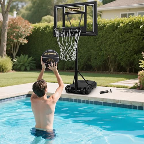 Clupways Pool Basketballkorb Poolside Höhenverstellbar Schwimmbad Basketballkorb Set mit Edelstahlschrauben/Halterungen, tragbares Design mit eingebauten Rädern, inklusive Ball und Luftpumpe
