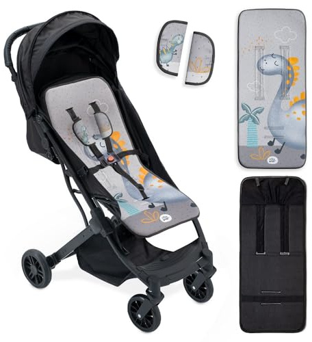 Interbaby Colchoneta Silla Paseo Universal para Verano | Dino Palmera Gris | Transpirable y Cómoda | Funda Carro Bebe 100% Algodón, 84x34cm, Protectores para Arnés