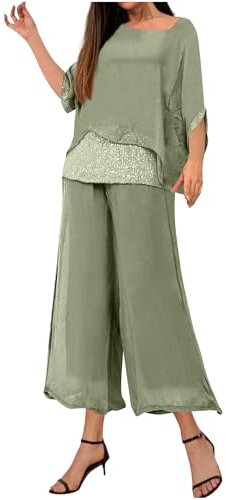 NUSGEAR Conjunto Dos Piezas Mujer Gasa Lentejuelas Casual Camiseta manga corta y Pantalones Verano Otoño Moda Completo Elegante Fiesta noche Suelto Traje Cómodo Conjunto 2025